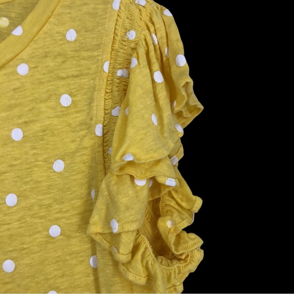 Loft Linen Little Yellow Top w/Ruffle Capped Sleeves and Swiss Dot Graphics SZ M - Picture 3 of 6